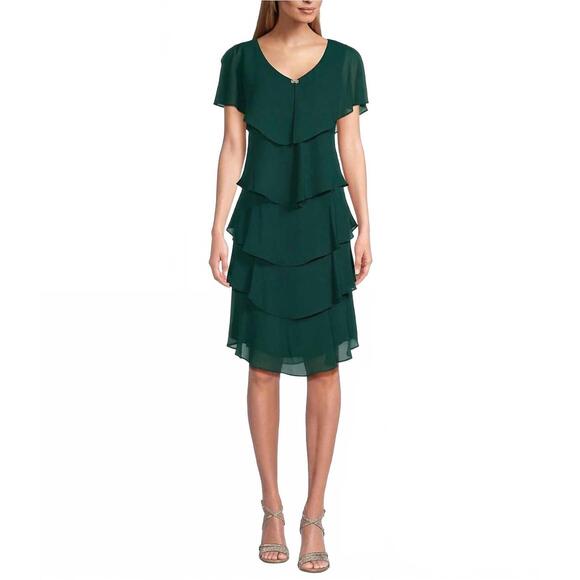 NEW SLNY georgette tiered capelet dress in pine - Picture 2 of 4